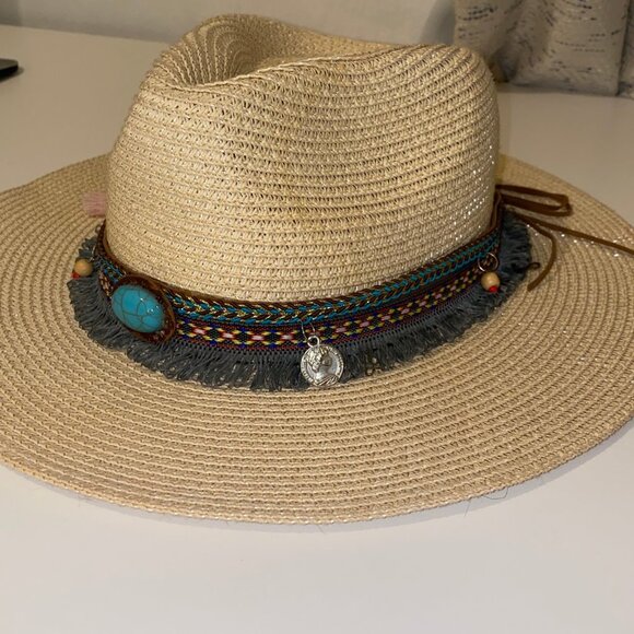 Turquoise Beaded Fringe Straw Sun Hat - Picture 9 of 16
